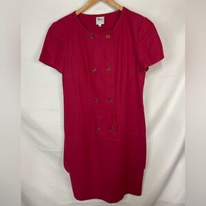 Gigi linen/cotton blend dress. Deep red/shoulder pads & double breasted closure.